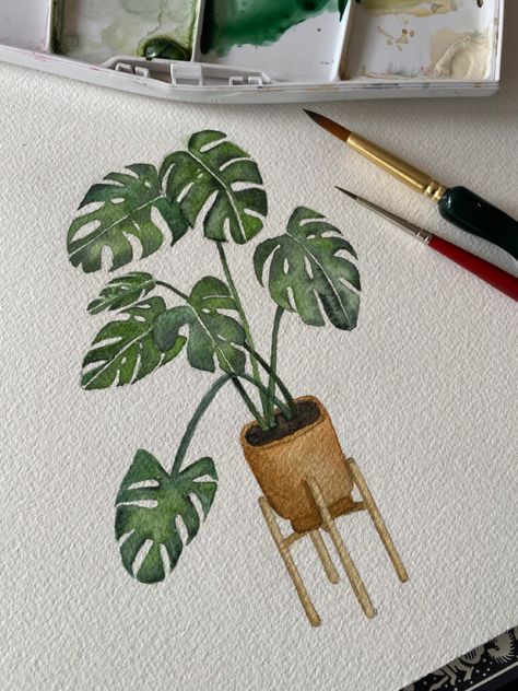 Monstera Plant Watercolor, Monstera Plant Drawing, Monstera Painting, Monstera Watercolor, Plant Sketch, Watercolor Painting For Beginners, Watercolor Art Journal, Daisy Art, Painting Brush