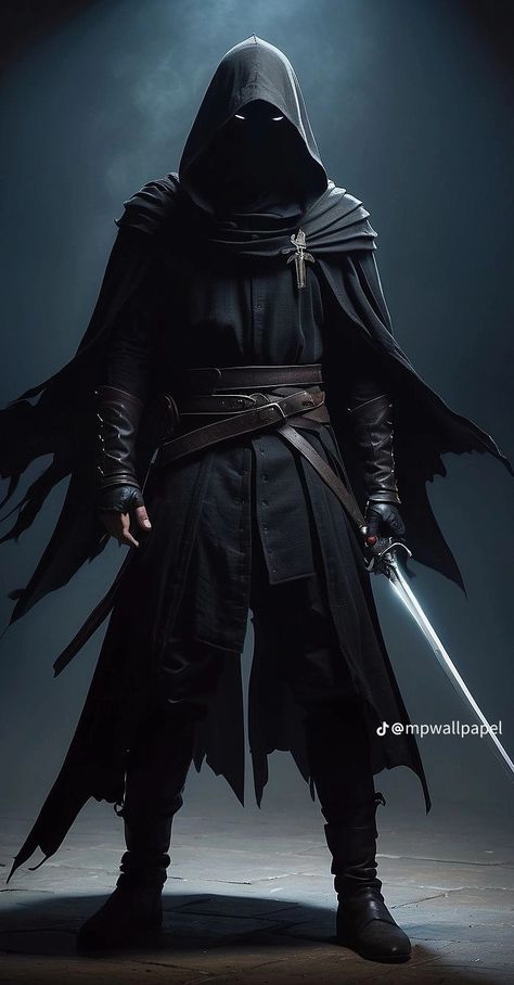 Dark Wizard Outfit Male, Dark Hooded Character, Black Assassin Outfits Male, Fantasy Assassin Outfit Male, Cloaked Man Art, Demonic Outfits, Assassin Outfit Male, Assassin Outfit Design Male, Rogue Pose Reference