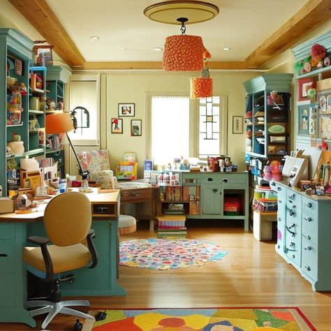 A craft room organized into functional activity zones. Cozy Sewing Room, Maximalist Craft Room, Cottage Core Craft Room Decor, Purple And Teal Craft Room, Closet Craft Storage Fantasy, Dream Craft Room Paint & Paint Tools, Craft Room Organization Ideas, Office Craft Space, Beautiful Office Spaces