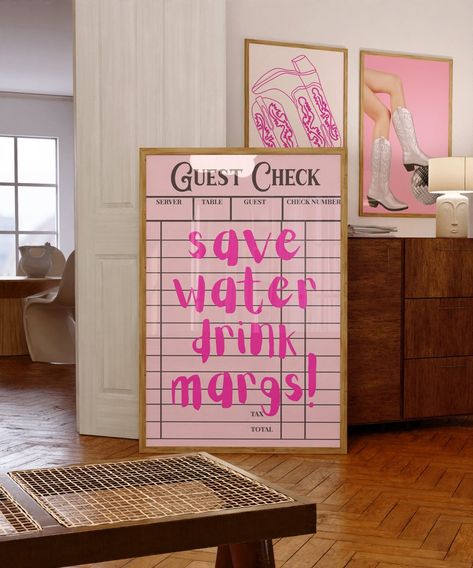 Hot Pink Art, Guest Check, Prints Pink, Save Water Drink, Pink Preppy, Water Drink, Etsy Ideas, Pink Retro, Pink Art