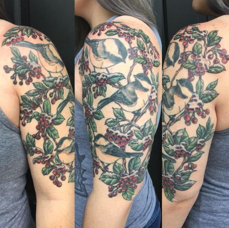 Holly Bush Tattoo, Bush Tattoo, Chickadee Tattoo, Holly Plant, Holly Bush, Plant Tattoo, Chickadees, Tattoo S, Body Love