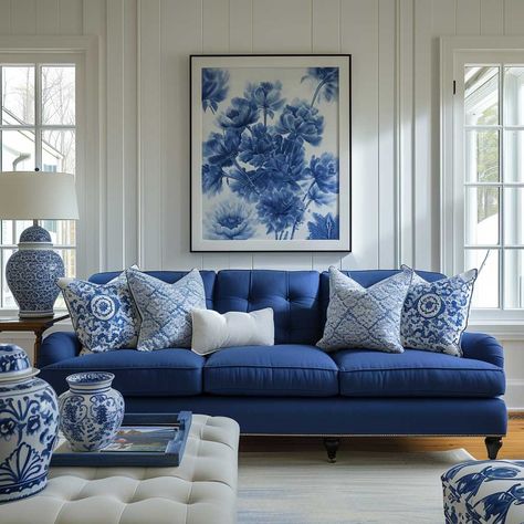 20+ Tranquil Blue and White Living Spaces • 333+ Images • [ArtFacade] Living Room Blue Accents, Blue Couch Decor, Blue Room Inspiration, Blue Living Room Color Scheme, Blue Living Room Color, Dining Room London, Peaceful Interior, Blue Blanc, House Lounge