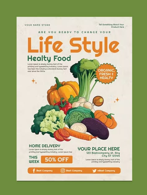 Healthy Food Flyer Template PSD Nutrition Design Graphics, Healthy Food Graphic Design, Healthy Poster Design, Healthy Food Poster Design, Healthy Living Poster, Healthy Food Ads, Poster Healthy Lifestyle, Healthy Food Illustration, Healthy Food Poster