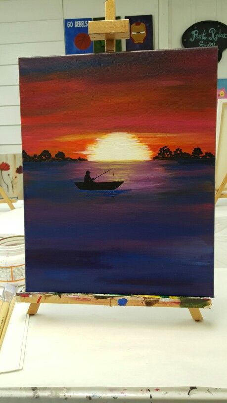 Fishing Paintings Easy, Fishing Silhouette Painting, Fishing Canvas Painting, Gone Fishing Painting, Fishing Boat Painting, Fishing Drawing, Fishing Painting, Canvas Painting Projects, Mini Toile