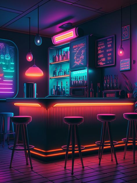 Small Bar Interior Design, Game Bar Design, Game Bar, Bar Arcade, Led Light Restaurant, Modern Arcade, Anime Bar, Neon Ideas, Bar Background