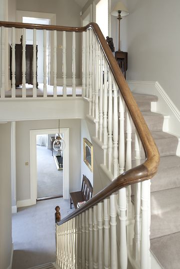 Victorian Staircase, Victorian Hallway, Loft Stairs, Hallway Inspiration, Hand Rail, Wall Colour, Hallway Designs, Stair Handrail, Victorian Terrace