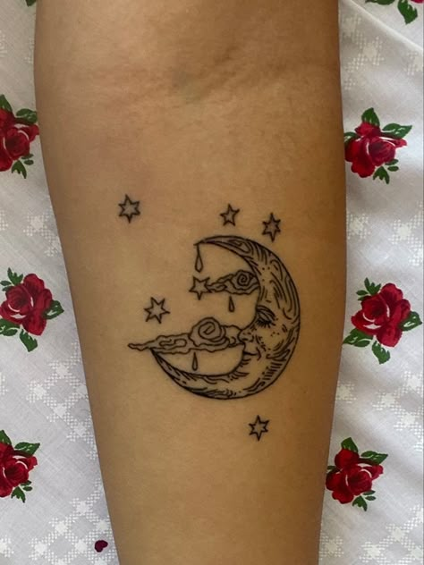 moon tattoo astrology tattoo witchy tattoo moon tat inspo forearm tattoo grunge tattoos patchwork style vintage art tattoo least painful tattoo area moon and stars ink celestial tattoo moon art grungecore simple tattoo small tattoos Vintage Celestial Tattoo, Swirl Moon Tattoo, Celestial Patchwork Tattoos, Thrifting Tattoo, Moon Theme Tattoo, Vintage Art Tattoo, Whimsical Moon Tattoo, Whimsigothic Tattoo, Small Art Tattoos