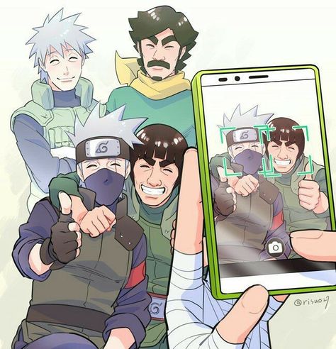 Kakashi, Might Guy, Might Duy, Sakumo, fathers, smiling, thumbs up, picture, photo, cellphone, ghosts, spirits, family; Naruto Guy Sensei, Team Minato, Anime Body, Naruto Family, Naruto Teams, Manga Naruto, Sasuke Sakura, Kakashi Sensei, Naruto Comic