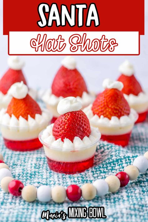 Santa Hat shots make the perfect addition to any holiday party. These fun, festive shots are as adorable as they are socially lubricating. Festive Shots, White Jello, Pudding Shots, Best Party Food, Christmas Sprinkles, Strawberry Jello, Unflavored Gelatin, Fresh Strawberries, Buttercream Frosting