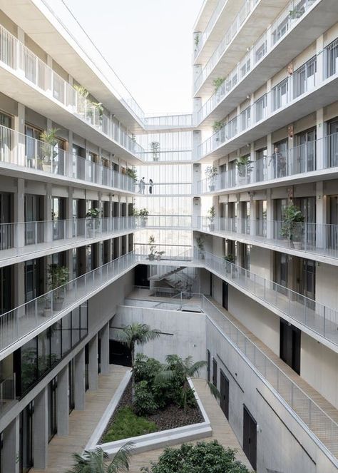 Diagonal-Besós Student Residence | POLO Architects; Photo: Aldo Amoretti | Archinect Student Apartment Architecture, Student Housing Plan, Apartment Block Architecture, Vampire Empire, Student Residence, Residential Architecture Apartment, Co Housing, Student Apartment, Outdoor Walkway