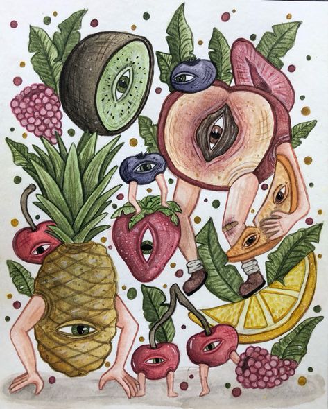 Dark Surreal Art, Surreal Food Art, Surreal Watercolor, Surrealism Watercolor, Weird Watercolor, Strange Fruit Art, Fruit Surrealism Art, Fruit Artists Gcse, Weird Art Watercolor