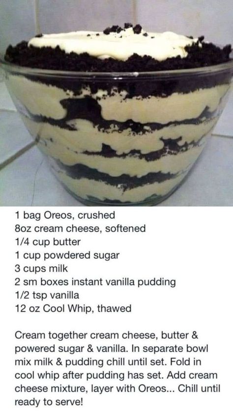 Cookies And Cream Dessert, Oreo Desserts, Dessert Oreo, Dirt Cake, Trifle Desserts, Oreo Recipes, Trifle Recipe, Oreo Dessert, Cream Desserts