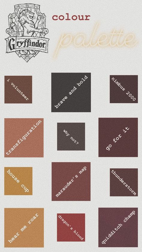 gryffindor hogwarts house color palette vsco aesthetic (credit: @cozychloe on pinterest) Gryffindor Room Aesthetic, Gryffindor Color Palette, Hogwarts Color Palette, Gryffindor Bedroom Aesthetic, Gryffindor Bedroom Ideas, Hogwarts Gryffindor Dorm, Gryffindor Bathroom, Harry Potter Gryffindor Common Room, Gryffindor Bedroom