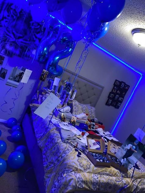 Birthday Gifts For Boyfriend Blue, Decorated Room For Boyfriend, Blue Hotel Decorations For Boyfriend, Hotel Decorations For Boyfriend, Romantic Room Surprise For Him, Spoiling Boyfriend Ideas For Him, Birthday Set Up Ideas For Him, Boyfriend Room, Boyfriends Birthday Ideas