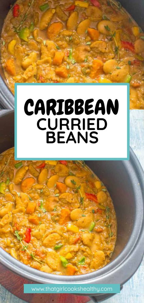 Slow Cooker Caribbean Curried Beans close up. Caribbean Black Bean Soup, Curry Beans Recipe, Vegan Jamaican Curry, Butter Bean Curry Recipe, Carribean Vegan Recipes, Vegetarian Carribean Food, Jamaican Butter Beans Recipe, Butter Bean Curry, Vegan Caribbean Food