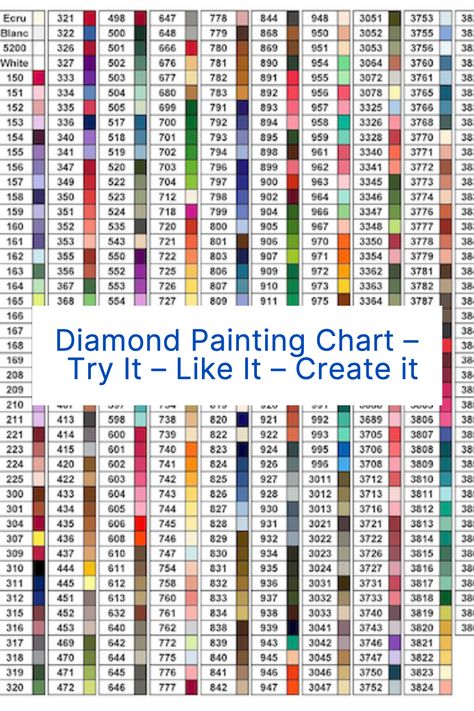 A free printable color chart to use with diamond painting and DMC threads. Diamond Painting Jewelry, Diamond Painting Pattern Free, Free Diamond Painting Patterns, Printable Diamond Painting Patterns, Diamond Dotz Patterns Free, Diamond Art Color Chart, Dmc Floss Chart Printable Free, Diy Diamond Painting Pattern, Diamond Art Patterns