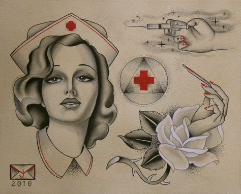 beautiful classic tattoo flash, nurse, john mohawk Nurse Tattoo, Nurse Art, Traditional Flash, Vintage Nurse, Sketch Tattoo Design, Cowgirl Art, Pentacles, Classic Tattoo, Traditional Tattoo Flash