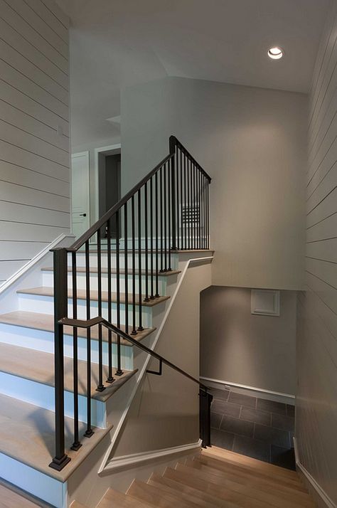 Interior Design Ideas - Home Bunch Interior Design Ideas Staircase Shiplap, Handrail Staircase, Modern Master Suite, Iron Stair Balusters, Oak Hardwood Floors, Stair Balusters, Shiplap Walls, Wrought Iron Stairs, Entry Stairs