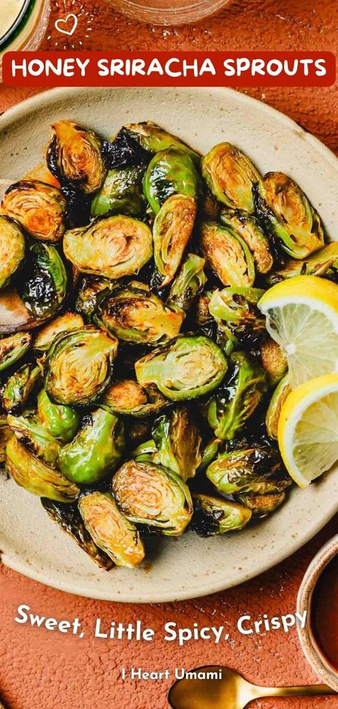 Try these delicious honey sriracha brussel sprouts made in an air fryer or oven! Crispy, sweet, and spicy, these sprouts are sure to impress. Brussel Sprouts In Air Fryer, Brussel Sprout Air Fryer, What To Eat With Brussel Sprouts, Air Fryer Brussels Sprouts, Brussels Sprouts Air Fryer, Shaved Brussel Sprouts Air Fryer, Crispy Air Fryer Brussel Sprouts, Brussel Sprout Recipes Air Fryer, Honey Sriracha Brussel Sprout Recipes