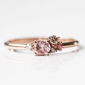 Pink Engagement Ring, Peach Sapphire, Champagne Diamond, Diamond Cluster Ring, Multi Stone Ring, Peach Pink, Diamond Cluster, White Diamonds, Cluster Ring