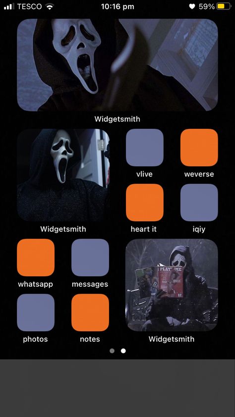 Horror Movie Phone Theme, Scream Homescreen Layout, Scream Themed Phone, Scream Layout, Halloween Lock Screen, Ios Wallpaper Ideas, Halloween Homescreen, Halloween Ios, Ios14 Homescreen