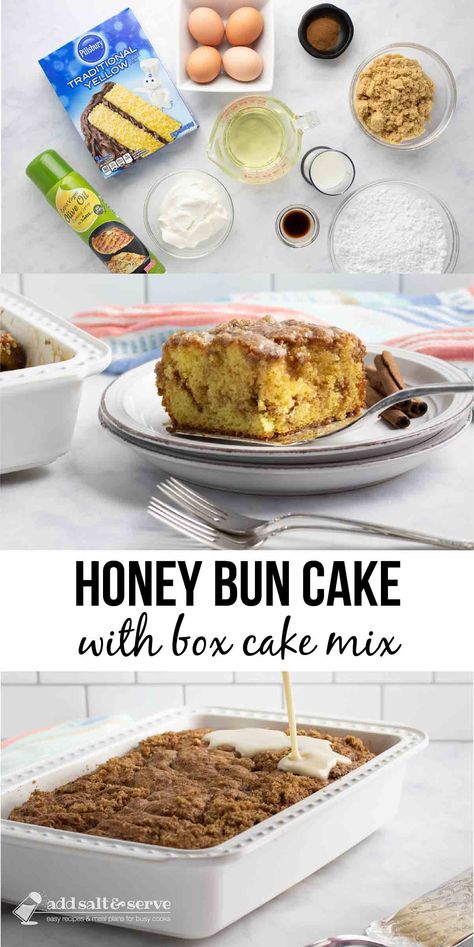 Our deliciously gooey honey bun cake with box cake mix is swirled with cinnamon and brown sugar and topped with a sweet vanilla glaze. Easy to make! Easy Moist Honeybun Cake, Cake With Box Cake, Cinnamon Bun Cake Recipe, Butter Golden Box Cake Mix Recipes, Hunny Bun Cake, Honey Bun Cake With Box Cake, Cinnamon Roll Cake With Box Cake, Coffee Cake With Cake Mix Boxes, Vanilla Box Cake Mix Recipes