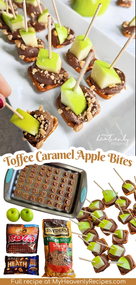 Toffee Caramel Apple Pretzel Bites- easy fall treat dessert to make for parties or kids. Yummy caramel salty sweet treat with green apples. Easy pretzel treat. fall thanksgiving potluck dessert finger food. Green Apple Nachos, Fall Dessert Finger Food, Apple Caramel Pretzel Bites, Caramel Apple Toffee Cake, Apple Rolo Pretzel, Thanksgiving Float Ideas, Pretzel Apple Caramel, Rolo Pretzel Apple Bites, Healthy Thanksgiving Treats For Kids