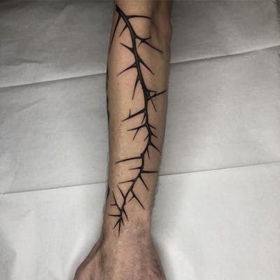 Tattoo by Tine DeFiore #TineDeFiore #thorntattoos #thorntattoo #thorns #thorn #nature #plant #illustrative Thorns Spine Tattoo, Thorn Leg Tattoo, Thorn And Flower Tattoo, Thorns Tattoo Arm, Forearm Thorn Tattoo, Thorn Forearm Tattoo, Thorns Tattoo, Rose Thorn Tattoo, Barbed Wire Tattoos