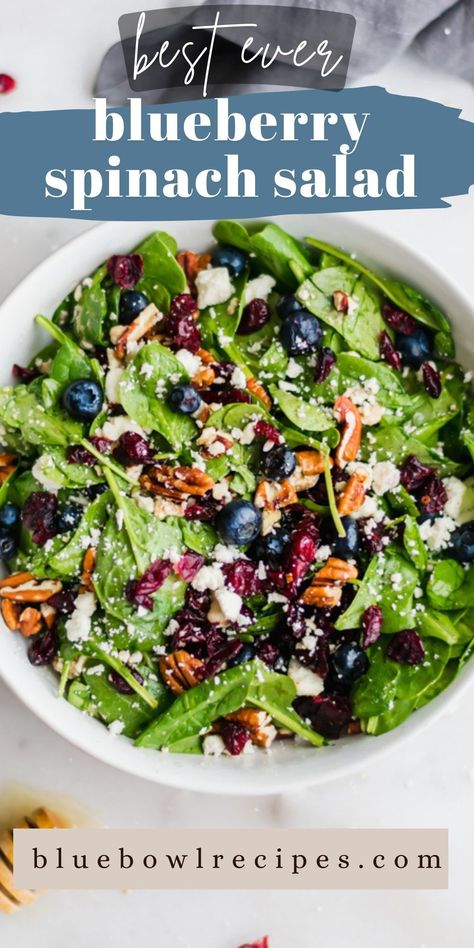 Blueberry Spinach Salad is here to save you from sad salads and boring desk lunches! The spinach base is loaded with blueberries, dried cranberries, pecans, feta cheese, and a simple honey balsamic dressing. I’ve never loved salad more. #blueberryspinachsalad #blueberry #spinach #glutenfreerecipes #saladrecipes #easyrecipes #sides #sidedish #bluebowlrecipes | bluebowlrecipes.com Blueberry Spinach Salad, Salad With Tofu, Honey Balsamic Dressing, Tofu Feta, Blueberry Salad, Blue Cheese Salad, Zucchini Puffer, Spinach Salad Recipes, Pecan Salad