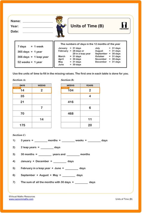 Discover an engaging Units of Time Worksheet designed to enhance student learning. This comprehensive resource covers essential time facts, including days in a year, weeks in a year, and the varying number of days in each month. The worksheet is thoughtfully structured into three sections to encourage students' interaction and understanding. Perfect for reinforcing time concepts in an educational and enjoyable way! Units Of Time Worksheet, Year 9 Maths Worksheets, Ks3 Maths Worksheets, Year 8 Maths Worksheets, Ks1 Maths Worksheets, Year 6 Maths Worksheets, Year 5 Maths Worksheets, Year 7 Maths Worksheets, Year 4 Maths Worksheets