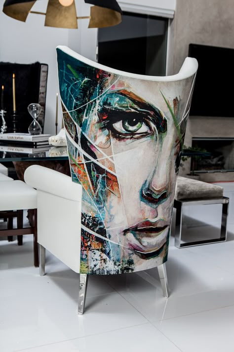 https://flic.kr/p/fbs8XS | Chair Design | Interior Designer Cachel Rupp from "Coveted Quarters" sent me this photo of her use of my artwork as the upholstery for this chair. FACEBOOK: www.facebook.com/artbydoc  TWITTER: www.twitter.com/artbydoc Shop: www.docart.bigcartel.com Quirky Furniture, نباتات منزلية, Art Chair, 수채화 그림, White Chair, Funky Furniture, Cool Chairs, Art Furniture, A Chair