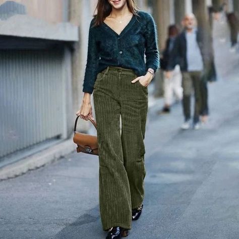 Green Velour Pants Outfit, Boho Business Attire, Green Corduroy Pants Outfit, Petite Wardrobe, Wide Leg Trousers Casual, High Waist Wide Leg Trousers, Plus Size Wide Leg, Style Wide Leg Pants, Designer Formal Dresses