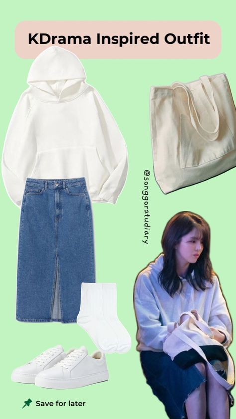 Han So Hee Nevertheless KDrama Inspired Outfit College Jeans Skirt & Hoodie OOTD Han So Hee Nevertheless, College Jeans, Jeans Midi Skirt, Nevertheless Kdrama, Hoodie Ootd, Sneakers Korean, Korean College, Skirt Hoodie, Outfit College