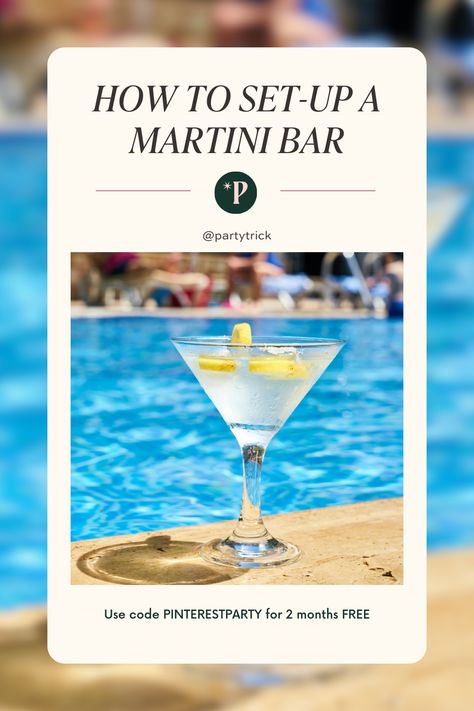 Host the Ultimate Cocktail Party with Our Expert Tips for Setting Up a Martini Bar! Learn how to create a chic and functional martini bar that will wow your guests and make your event unforgettable.  #PartyTrick #MartiniNight #PartyInspiration #PartyPlanning #MartiniBar #PartyTrick #Cocktail #Summer #Blog #Howto Martini Tasting Party Ideas, 50th Birthday Signature Cocktail, Martini Bar Set Up, Diy Martini Bar, Bar Setup For Party, Martini Bar Party Ideas, Martini Party Ideas Decoration, Martini Bar Party, Diy Bars