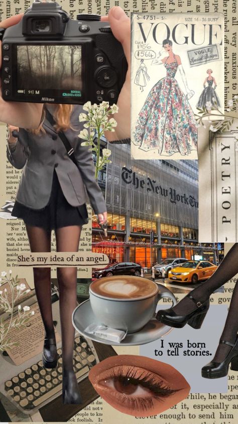 Collage Majors Aesthetic, Editorial Assistant Aesthetic, Fashion Visual Board, Vogue Journalist Aesthetic, Journalism Outfit Aesthetic, Journalism Mood Board, 90s Journalist Aesthetic, Collage Moodboard Fashion, Journalism Student Aesthetic Outfit