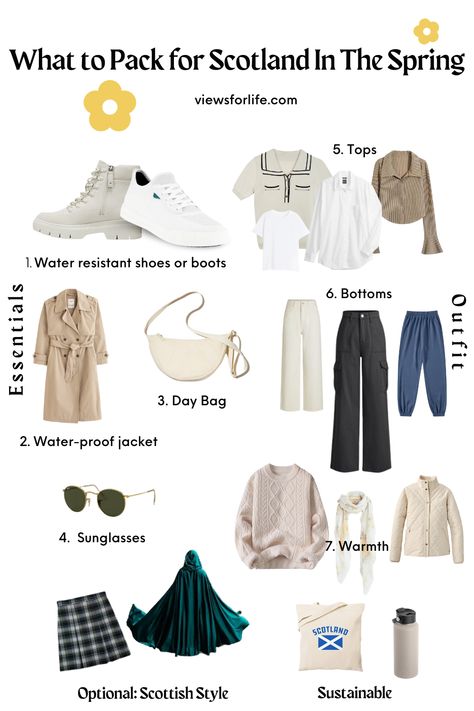 How To Pack For Scotland, Belfast Outfit Summer, Capsule Wardrobe Scotland Spring, Scotland In The Spring, Uk Travel Outfits Spring, Trip To Scotland Outfits, Scotland June Outfit, Scotland Outfit Ideas Summer, Scotland Carry On Packing