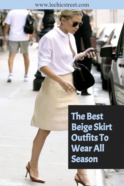 The Best Beige Skirt Outfits To Wear All Season. The beige aesthetic is the perfect neutral color for spring fashion and summer fashion. Find beige outfit for skirt outfits. Beiges outfits for skirt outfit ideas with the color beige for the warm weather style. Plenty of skirt styles with the color beige and chic skirt outfit inspo for beige skirt. #beigeaesthetic #beigeoutfit #beige #skirtoutfits #skirtoutfitideas #skirtoutfit Beige Skirt Black Tights, Beige Jean Skirt Outfit, Beige Knit Skirt Outfit, Outfit For Skirt, Beige Skirt Outfits, Khaki Skirt Outfit, Cream Skirt Outfit, Khaki Skirt Outfits, Beige Skirt Outfit