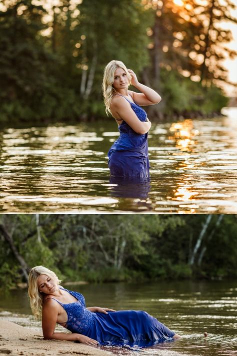 Grad portraits in Waskesiu, Prince Albert National Park, Saskatchewan. High school senior in the lake at sunset in a blue formal gown. Trendy ideas for a senior photoshoot in the river. Fun ideas for outdoor senior pictures. Posing ideas for standing and sitting poses in the water. Water inspiration for photo sessions. Senior girl in water. Glamour nature editorial senior photos. Waskesiu grad photos by a Prince Albert and Saskatoon graduation photographer #saskatoon #yxe #gradphotos #waskesiu Senior Pictures By Pond, Senior Picture Ideas Near Water, Pictures In The Water, River Photoshoot Ideas, Graduation Pictures Ideas, River Shoot, Track Photoshoot, Creek Photoshoot, River Photoshoot