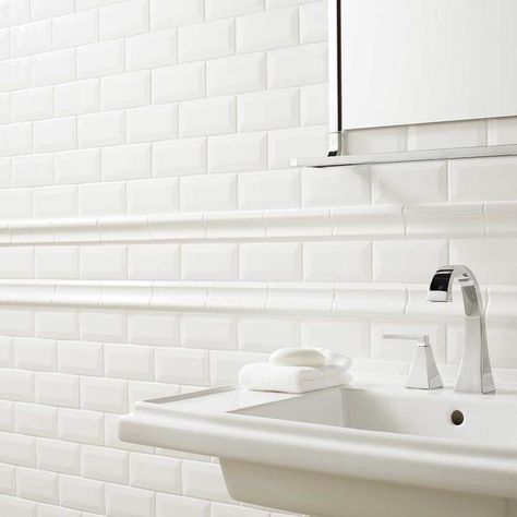 Profiles™ - Ceramic Tile | American Olean White Beveled Subway Tile, White Subway Tile Bathroom, Bevelled Tiles, Beveled Subway Tile, Subway Tile Showers, Ceramic Tile Bathrooms, Subway Tiles Bathroom, White Ceramic Tiles, White Subway Tiles