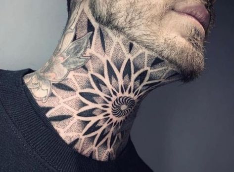 Neck Pattern Tattoo Men, Men’s Geometric Neck Tattoo, Geometric Neck Tattoo Design, Neck Tattoo Geometric, Mandala Neck Tattoo Men, Mens Throat Tattoo, Mandala Throat Tattoo, Neck Mandala Tattoo, Geometric Neck Tattoo