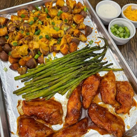 BBQ Chicken Sheet Pan Meal Sheet Pan Barbecue Chicken, Crockpot Marry Me Chicken, Midwest Recipes, Oven Dinners, Cooking In The Midwest, Potatoes Asparagus, Light Eating, Luke Brown, Chicken Sheet Pan