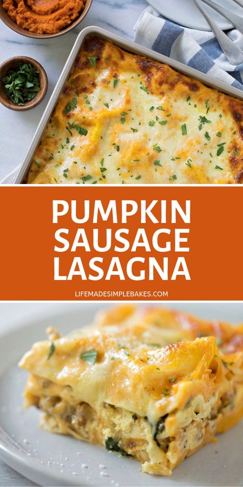 Food For Fall, Pumpkin Sausage, Pumpkin Dish, Pumpkin Recipes Dinner, Pumpkin Lasagna, Savory Pumpkin, Sausage Lasagna, Savory Pumpkin Recipes, Pumpkin Dishes