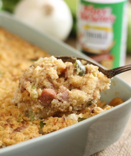 Creole Cornbread Dressing | Tony Chachere's Creole Cornbread, Easy Gumbo, Cornbread Dressing Southern, Dressing Recipes Cornbread, Cajun Creole Recipes, Cream Of Celery Soup, Cornbread Dressing, Creole Recipes, Andouille Sausage