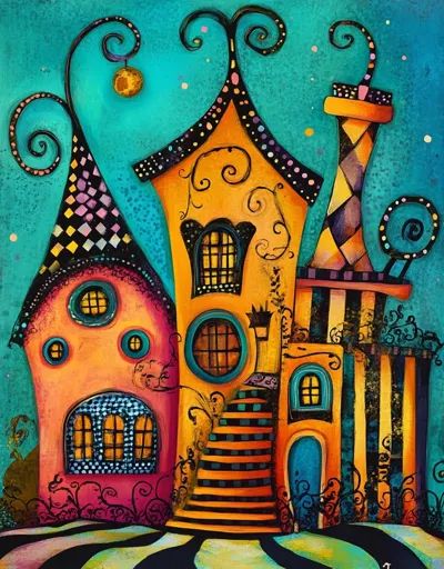 ↑↑↑ Larger size on website 🔸 The image is a whimsical painting of a brightly colored, three-story house. The house has a variety Wonky Houses, Vintage Modern Bathroom, Parisian Modern, Fauvist Art, Modern Bathroom Designs, Parisian Design, Whimsical Houses, Wonder And Whimsy, Three Story House