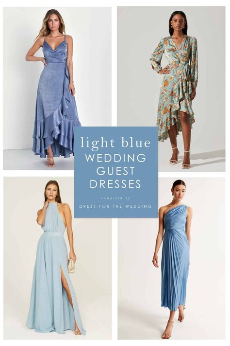 We'll show you 70 of the season's best light blue dresses for wedding guests. Midi dresses, maxi dresses, dresses under $100. We've found light blue and dusty blue dresses for every wedding dress code! #weddingguestdress #whattowear #weddingdresscode #weddingguest #weddingattire #semiformaldress #bluedress Special Occasion Dresses Maxi, Wedding Guest Blue Outfit, Wedding Guest Dress Light Blue, Dusty Blue Wedding Guest Dress, Spring Light Blue Dresses For Wedding Guests, Light Blue Fitted Dresses For Wedding Guests, Light Blue Summer Dresses For Wedding Guest, Fitted Light Blue Chiffon Dress For Wedding, Fitted Light Blue Gown For Dress-up