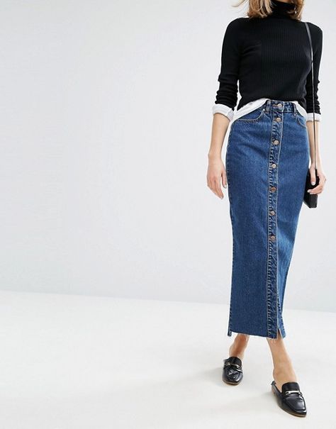 Button Skirt Outfit, Skirt Outfit Winter, Denim Midi Skirt Outfit, Long Jeans Skirt, Girl Graduation, Button Front Denim Skirt, Denim Button Skirt, Midi Skirt Outfit, Denim Skirt Outfits