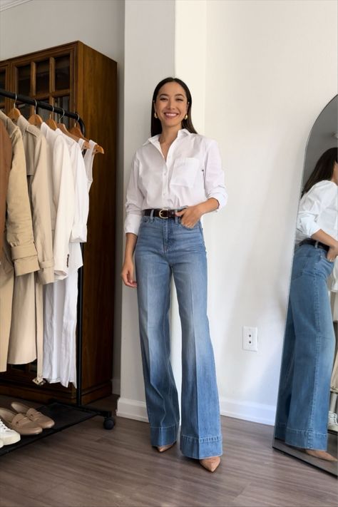 Blue Cotton Shirt Outfits, Poplin Button Down Shirt Outfit, White Shirt And Wide Leg Jeans Outfit, Jeans With Shirt Outfit Women, White Shirt With Jeans Women, White Button Shirt And Jeans Outfit, Jeans And A Button Down Women, White Jeans Blue Shirt Outfit, Blue Poplin Shirt Outfit