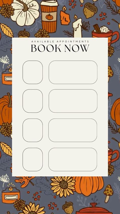 Thanksgiving/fall booking appointments Available Appointments Template, Available Appointments, Fallen Book, Appointments Available, Bullet Journal Lettering Ideas, Cosmetology, Lashes, Thanksgiving, Social Media