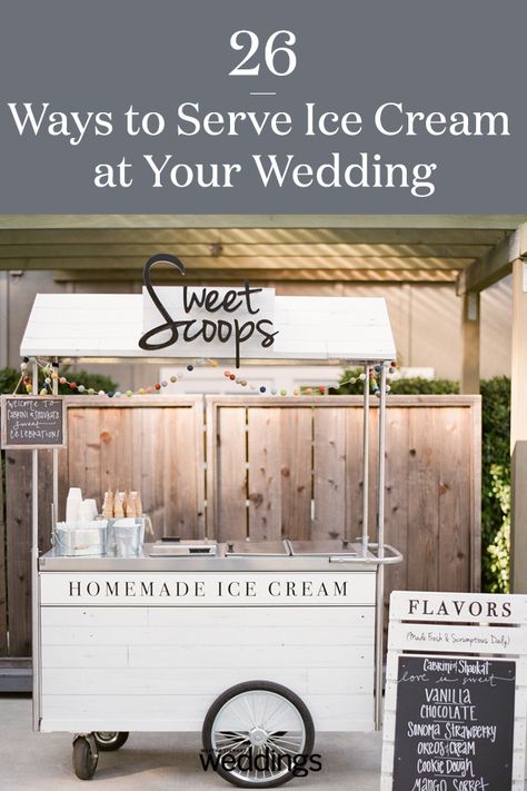 How To Serve Ice Cream At A Wedding, Diy Ice Cream Cart Wedding, Ice Cream Bar For Wedding, Ice Cream Wedding Ideas, Ice Cream Stand Wedding, Ice Cream Catering Ideas, Ice Cream Truck Wedding Reception, Gelato Station Wedding, Ice Cream Table Wedding