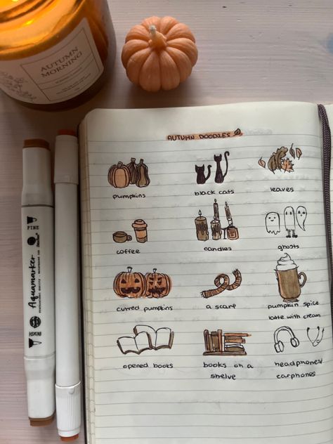 autumn, journaling, pumpkins, coffee, books, black cats, headphones, rain, romanticize the life Fall Notes Aesthetic, Romanticize The Life, Autumn Journaling, Autumn Bullet Journal, Fall Notebook, Autumn Journal, Journal Inspiration Writing, Bullet Journal Ideas Templates, Coffee Books